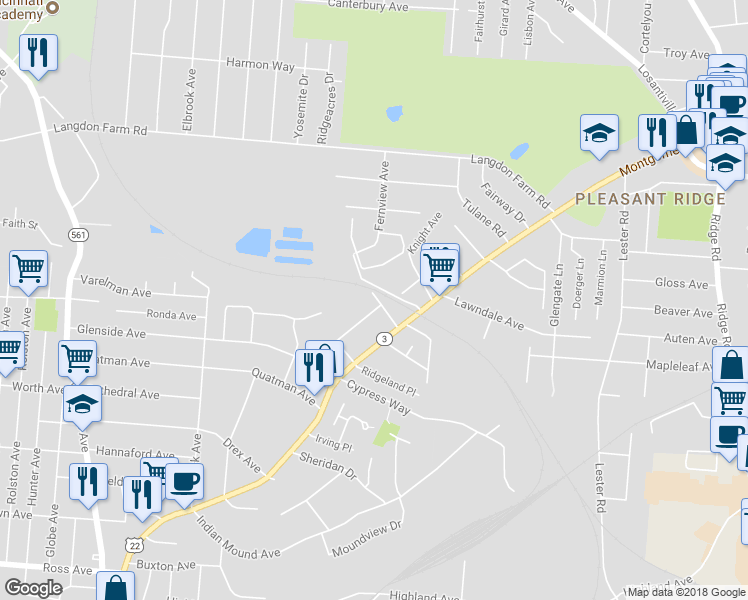 map of restaurants, bars, coffee shops, grocery stores, and more near 5565 Bosworth Place in Cincinnati