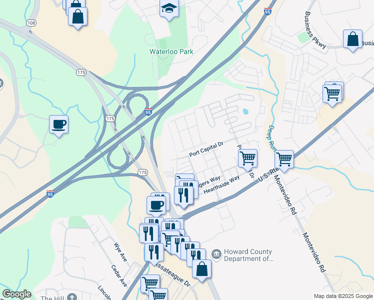 map of restaurants, bars, coffee shops, grocery stores, and more near 7118 Maiden Point Place in Elkridge