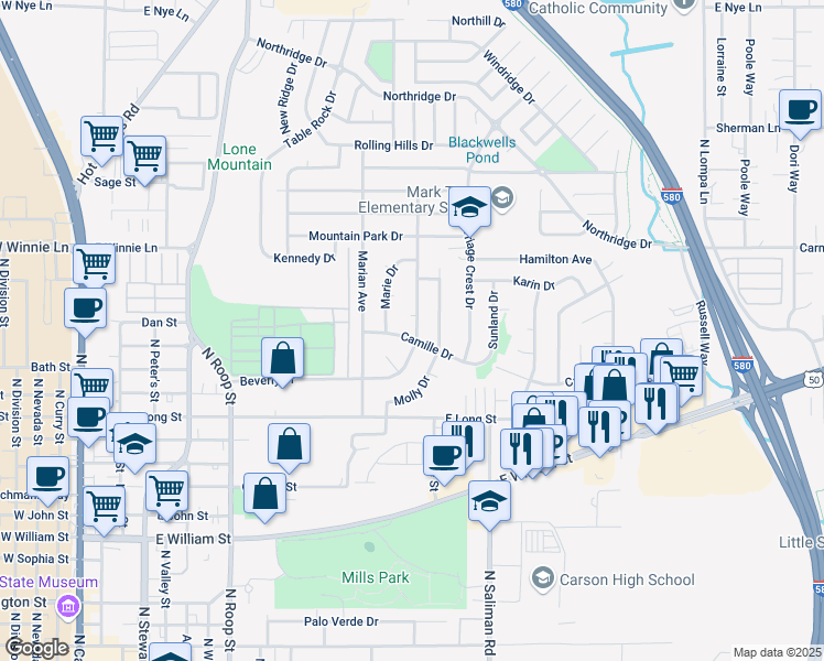 map of restaurants, bars, coffee shops, grocery stores, and more near 1904 Beverly Drive in Carson City