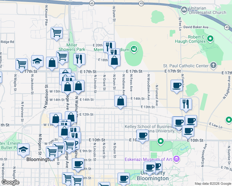 map of restaurants, bars, coffee shops, grocery stores, and more near 1106 North Dunn Street in Bloomington