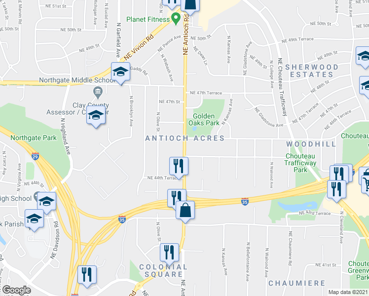 map of restaurants, bars, coffee shops, grocery stores, and more near 4545 Highway 1 in Kansas City