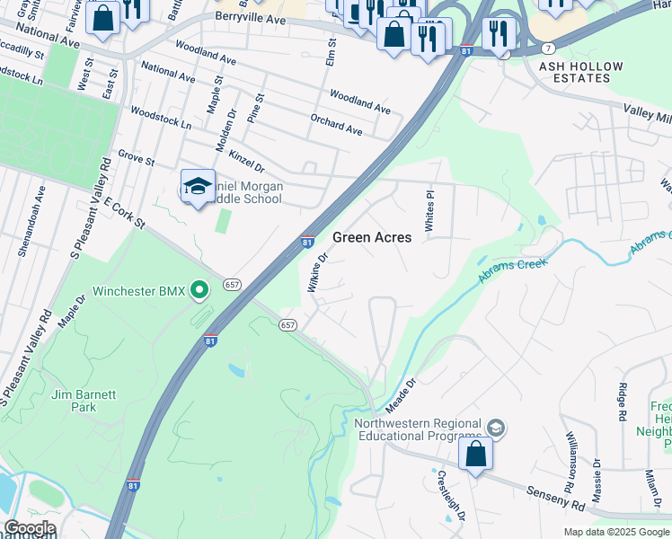 map of restaurants, bars, coffee shops, grocery stores, and more near 104 Wilkins Place in Winchester