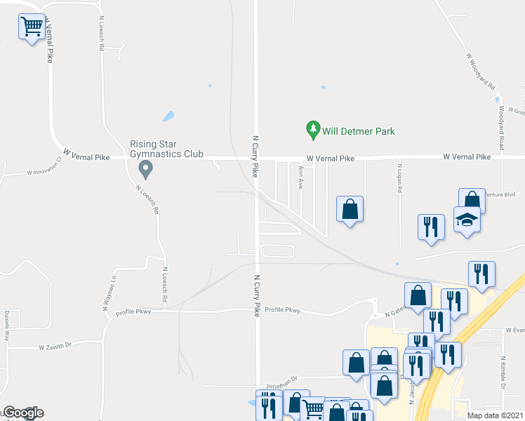 map of restaurants, bars, coffee shops, grocery stores, and more near 900 North Curry Pike in Bloomington