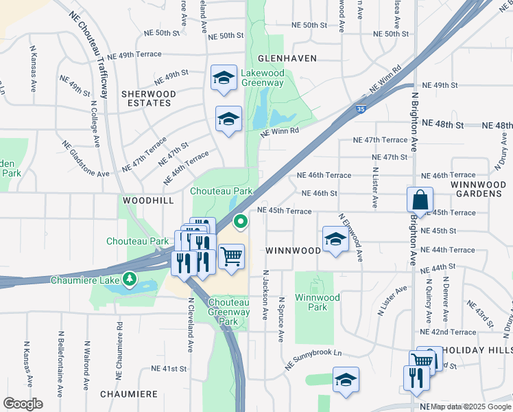 map of restaurants, bars, coffee shops, grocery stores, and more near 4106 Northeast 45th Terrace in Kansas City