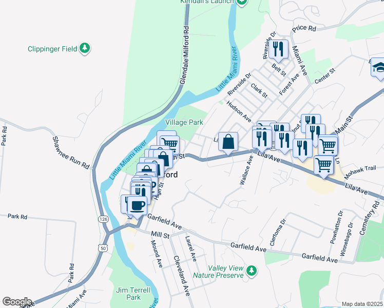 map of restaurants, bars, coffee shops, grocery stores, and more near 512 High Street in Milford