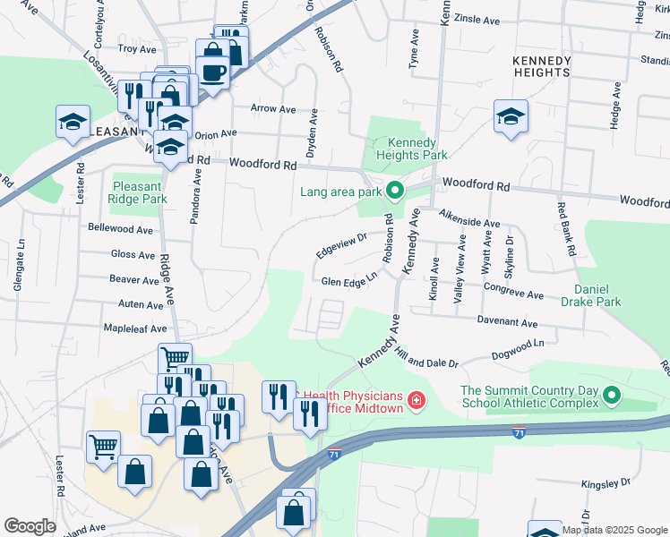 map of restaurants, bars, coffee shops, grocery stores, and more near 3495 Edgeview Drive in Cincinnati