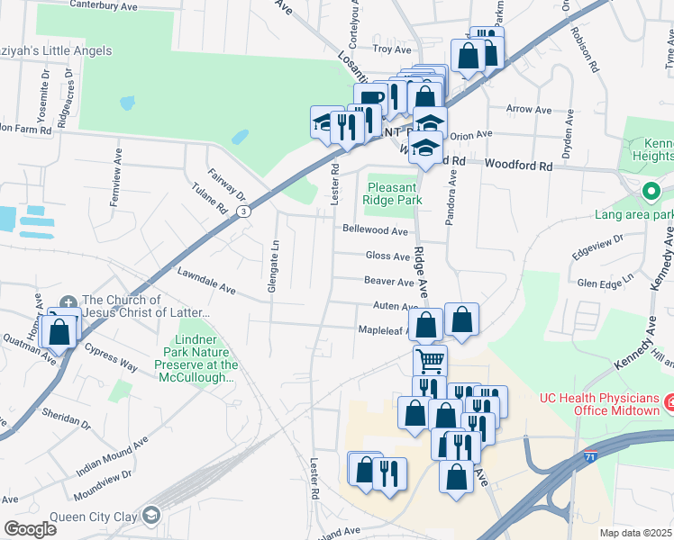 map of restaurants, bars, coffee shops, grocery stores, and more near 5735 Lester Road in Cincinnati