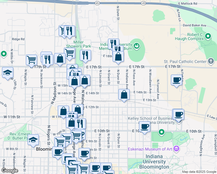 map of restaurants, bars, coffee shops, grocery stores, and more near 309 East 15th Street in Bloomington