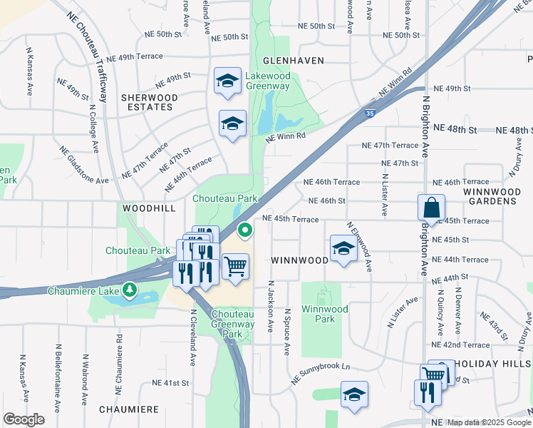 map of restaurants, bars, coffee shops, grocery stores, and more near 4106 Northeast 45th Terrace in Kansas City