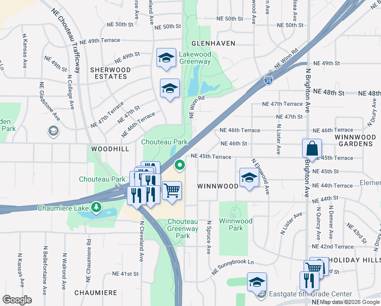 map of restaurants, bars, coffee shops, grocery stores, and more near 4106 Northeast 45th Terrace in Kansas City