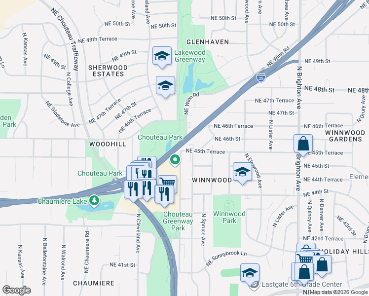 map of restaurants, bars, coffee shops, grocery stores, and more near 4106 Northeast 45th Terrace in Kansas City