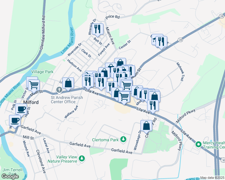 map of restaurants, bars, coffee shops, grocery stores, and more near 861 Lila Avenue in Milford