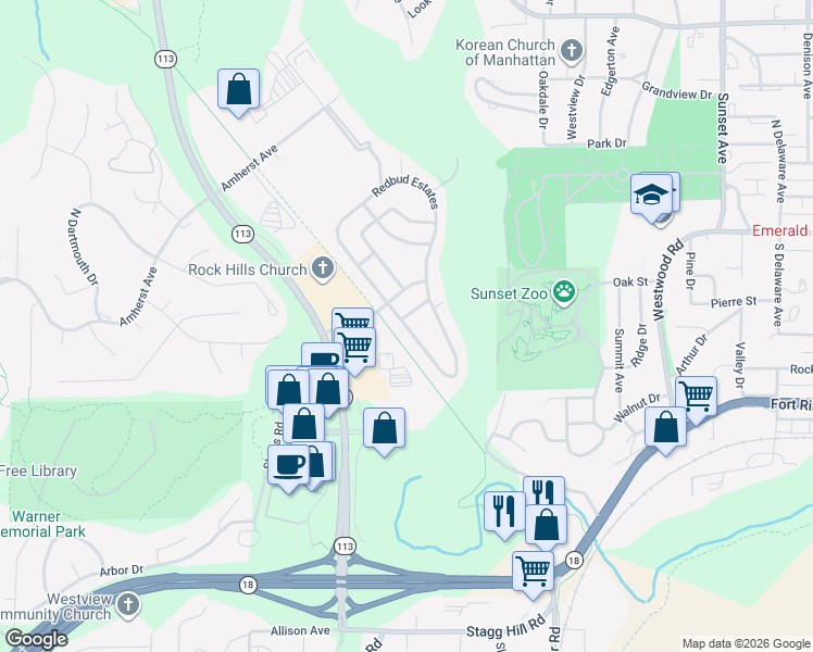 map of restaurants, bars, coffee shops, grocery stores, and more near 31 Redbud Estates in Manhattan