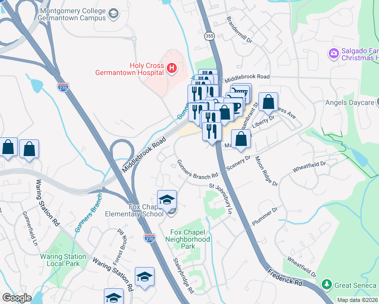 map of restaurants, bars, coffee shops, grocery stores, and more near 19513 Gunners Branch Road in Germantown