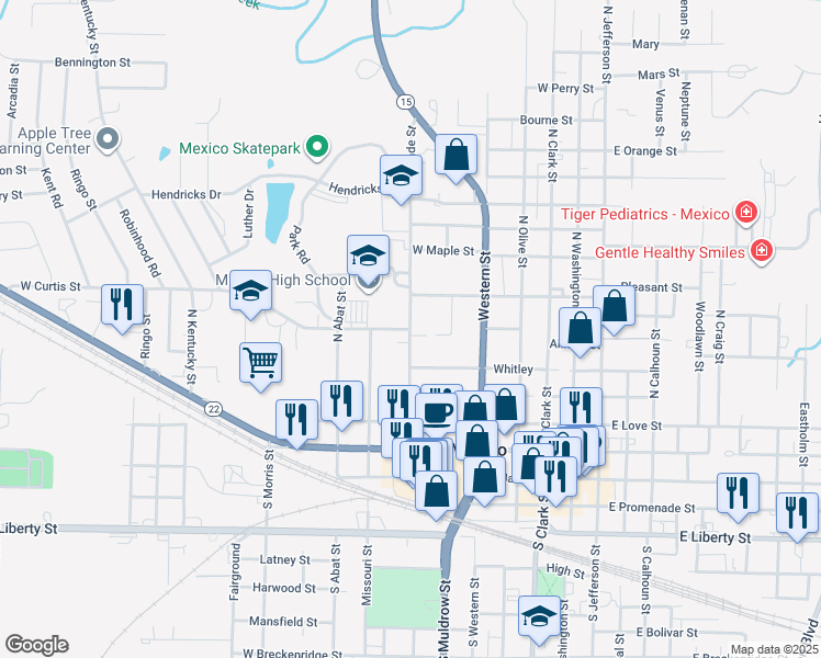 map of restaurants, bars, coffee shops, grocery stores, and more near 619 North Wade Street in Mexico