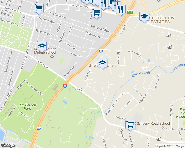 map of restaurants, bars, coffee shops, grocery stores, and more near 104 Wilkins Place in Winchester
