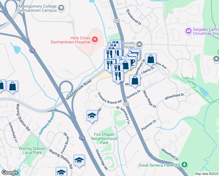 map of restaurants, bars, coffee shops, grocery stores, and more near 19517 Gunners Branch Road in Germantown