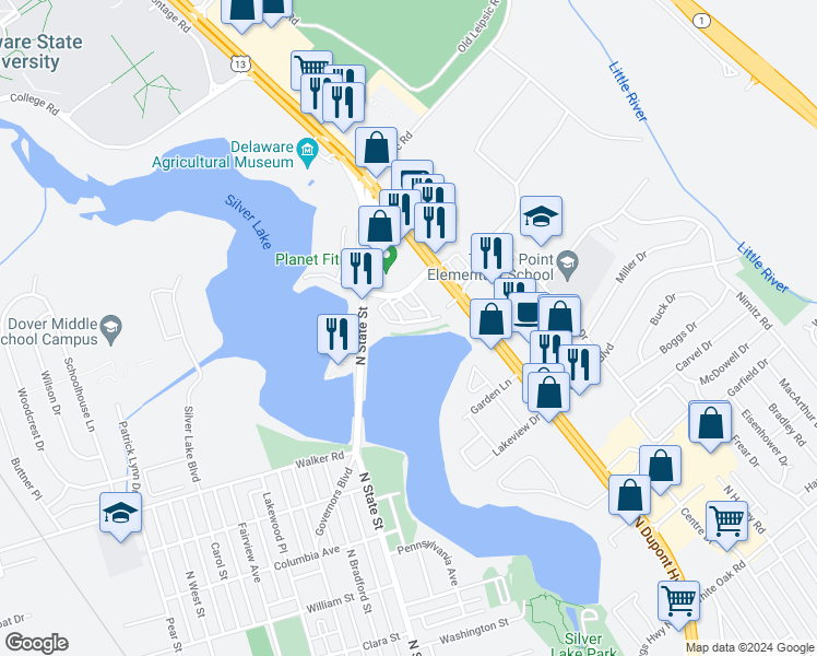 map of restaurants, bars, coffee shops, grocery stores, and more near 110 Overlook Place in Dover
