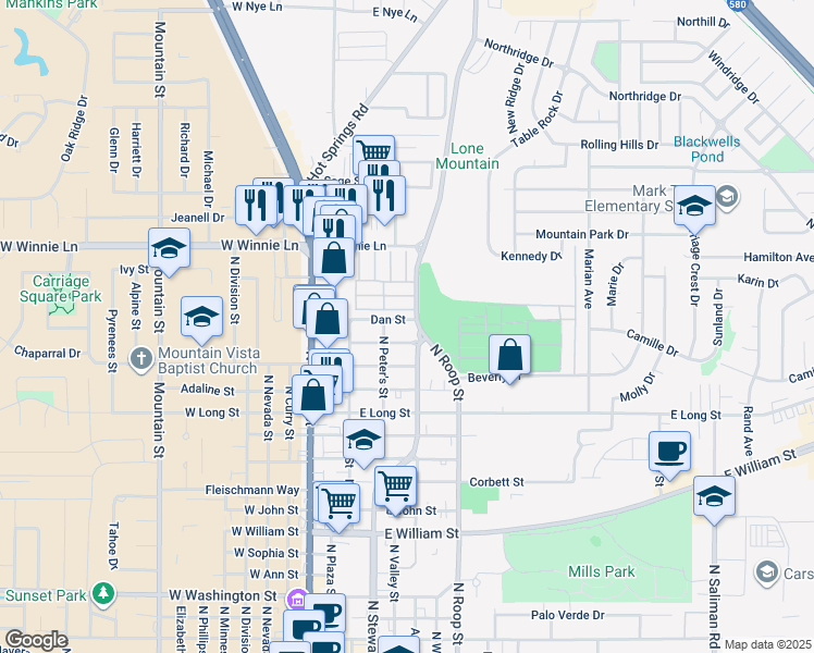 map of restaurants, bars, coffee shops, grocery stores, and more near 321 Dan Street in Carson City