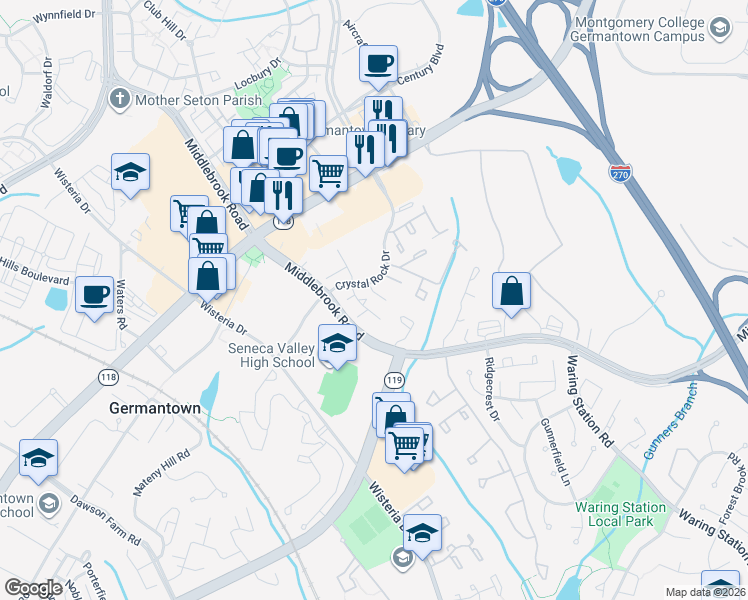 map of restaurants, bars, coffee shops, grocery stores, and more near 12627 Black Saddle Lane in Germantown