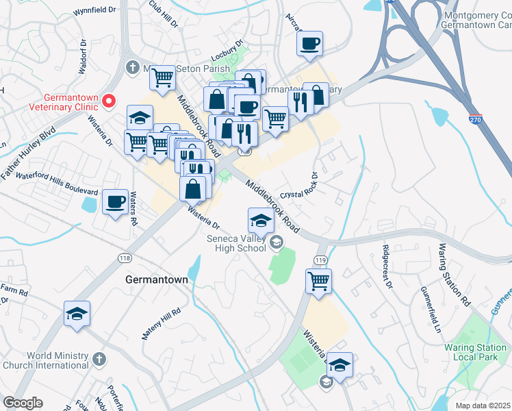 map of restaurants, bars, coffee shops, grocery stores, and more near 12800 Middlebrook Road in Germantown
