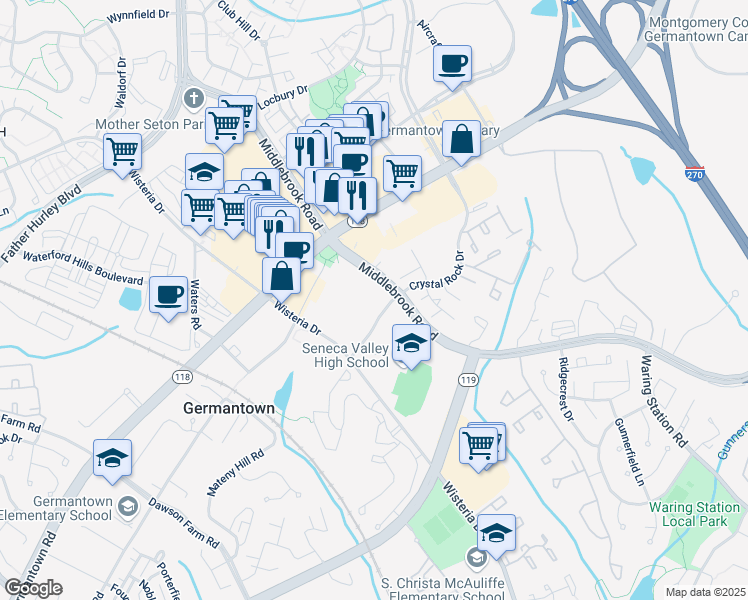 map of restaurants, bars, coffee shops, grocery stores, and more near 12800 Middlebrook Road in Germantown