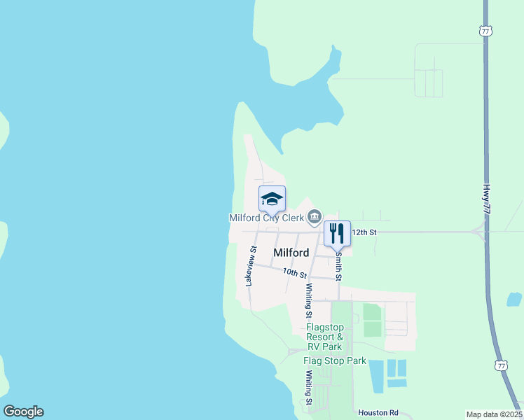 map of restaurants, bars, coffee shops, grocery stores, and more near Lakeview Street in Milford