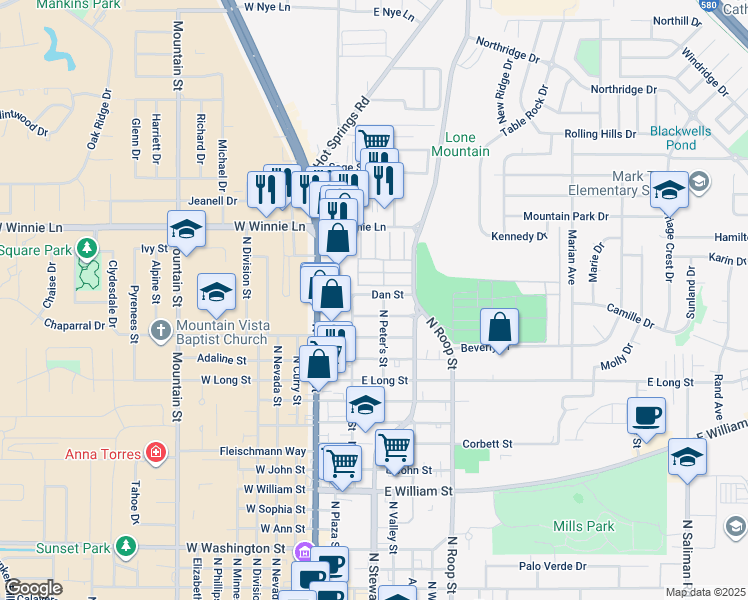 map of restaurants, bars, coffee shops, grocery stores, and more near 221 Dan Street in Carson City