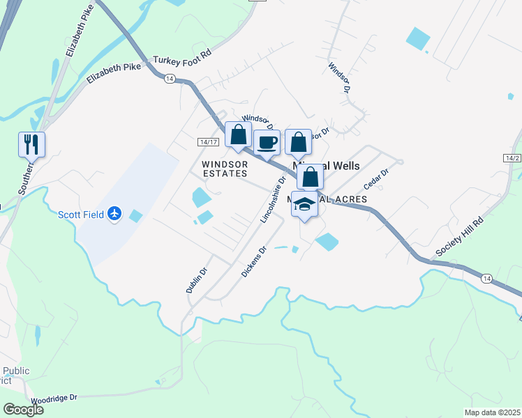 map of restaurants, bars, coffee shops, grocery stores, and more near Stoops Road in Mineral Wells