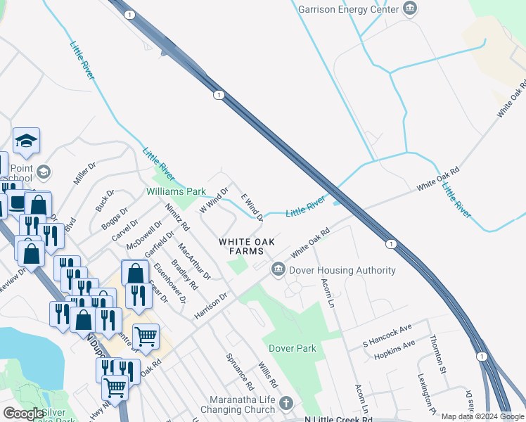 map of restaurants, bars, coffee shops, grocery stores, and more near 411 East Wind Drive in Dover