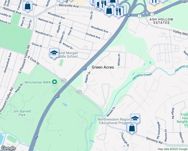map of restaurants, bars, coffee shops, grocery stores, and more near 106 Wilkins Place in Winchester