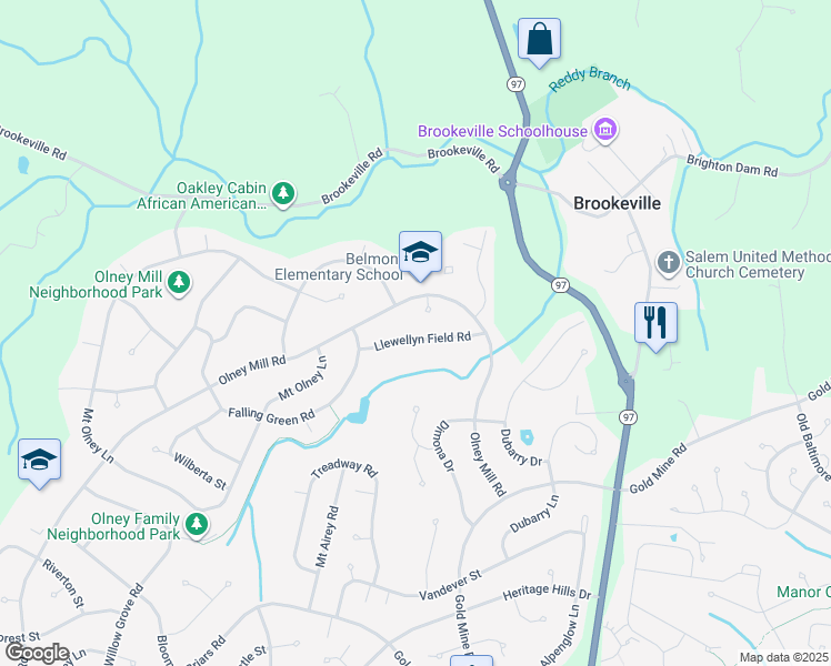 map of restaurants, bars, coffee shops, grocery stores, and more near 3301 Llewellyn Field Road in Olney