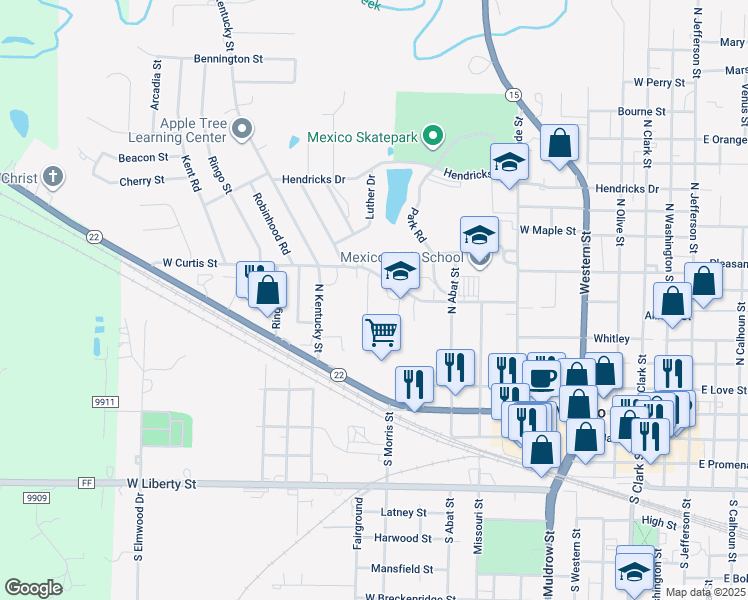 map of restaurants, bars, coffee shops, grocery stores, and more near 1250 West Curtis Street in Mexico