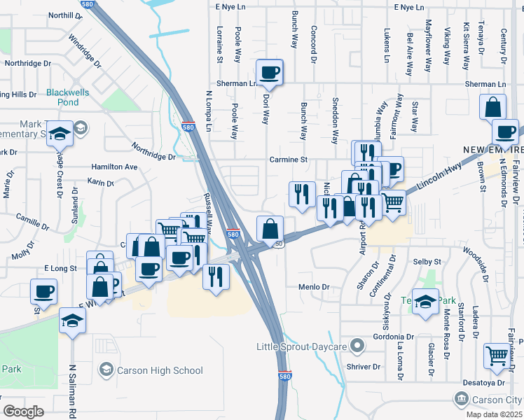 map of restaurants, bars, coffee shops, grocery stores, and more near 1720 Dori Way in Carson City