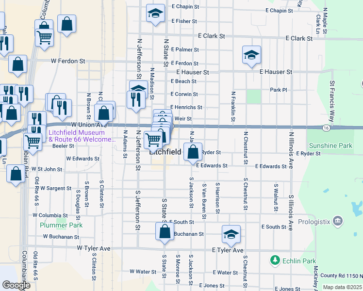 map of restaurants, bars, coffee shops, grocery stores, and more near 321 North Jackson Street in Litchfield