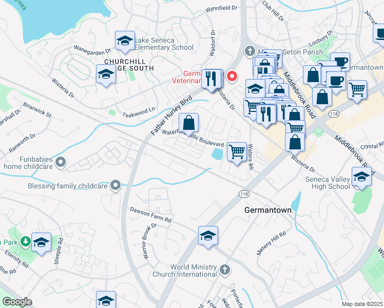 map of restaurants, bars, coffee shops, grocery stores, and more near 19439 Dover Cliffs Circle in Germantown