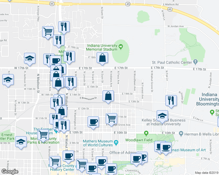 map of restaurants, bars, coffee shops, grocery stores, and more near 512 East 15th Street in Bloomington