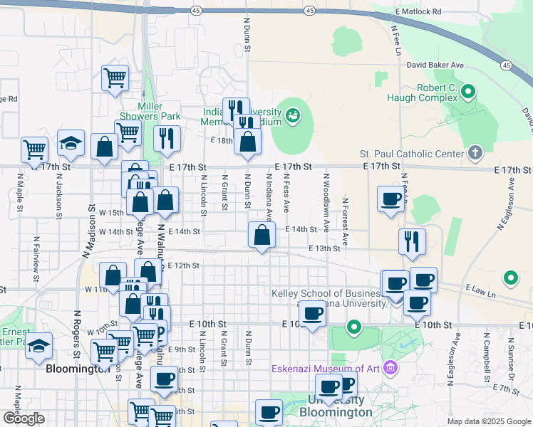 map of restaurants, bars, coffee shops, grocery stores, and more near 1113 North Indiana Avenue in Bloomington