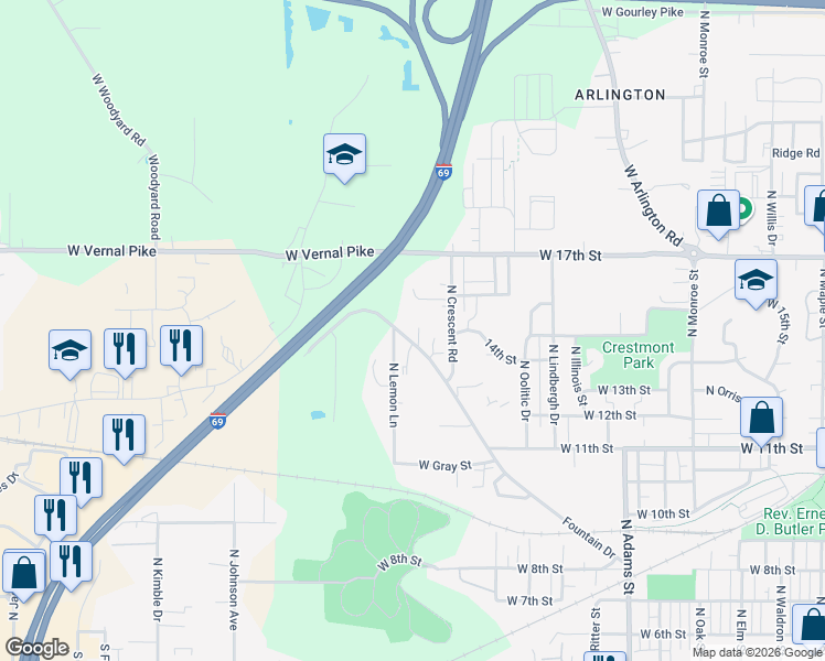 map of restaurants, bars, coffee shops, grocery stores, and more near 2250 West Vernal Pike in Bloomington