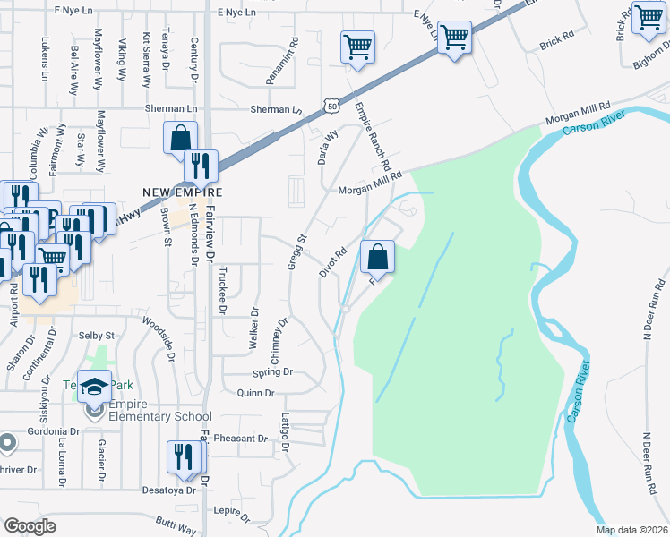 map of restaurants, bars, coffee shops, grocery stores, and more near 1819 Divot Rd in Carson City