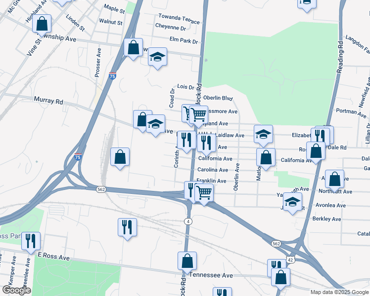 map of restaurants, bars, coffee shops, grocery stores, and more near 1139 Regent Avenue in Cincinnati