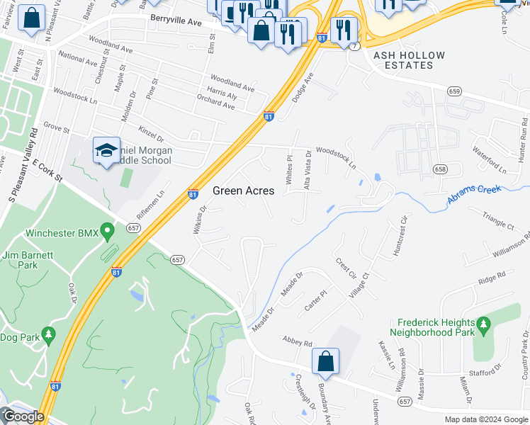map of restaurants, bars, coffee shops, grocery stores, and more near 124 Cherry Hill Drive in Winchester