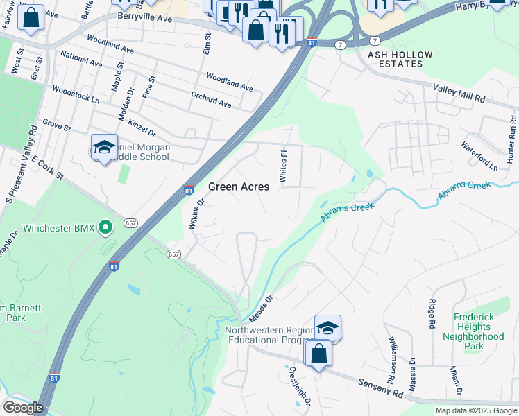 map of restaurants, bars, coffee shops, grocery stores, and more near 124 Cherry Hill Drive in Winchester