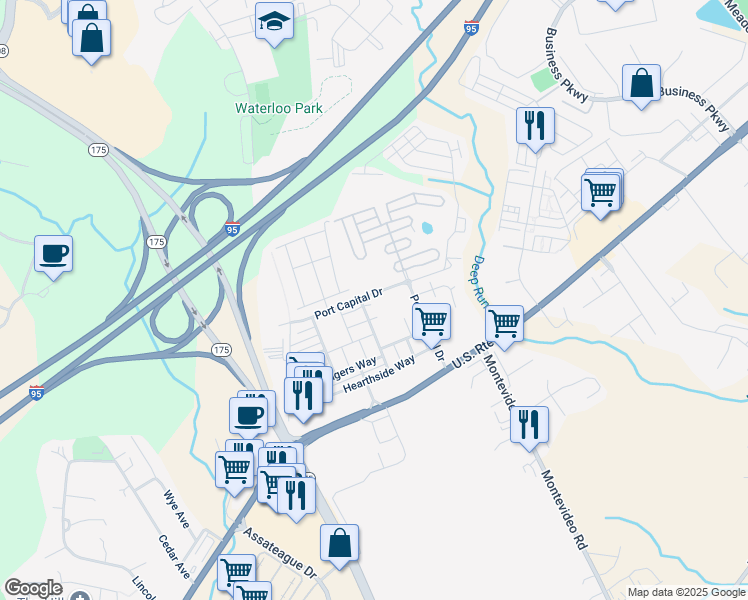 map of restaurants, bars, coffee shops, grocery stores, and more near 7857 Port Capital Drive in Elkridge