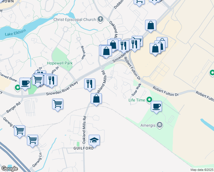 map of restaurants, bars, coffee shops, grocery stores, and more near 7077 Oakland Mills Road in Columbia