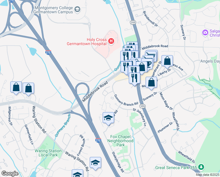 map of restaurants, bars, coffee shops, grocery stores, and more near 19615 Twinflower Circle in Germantown