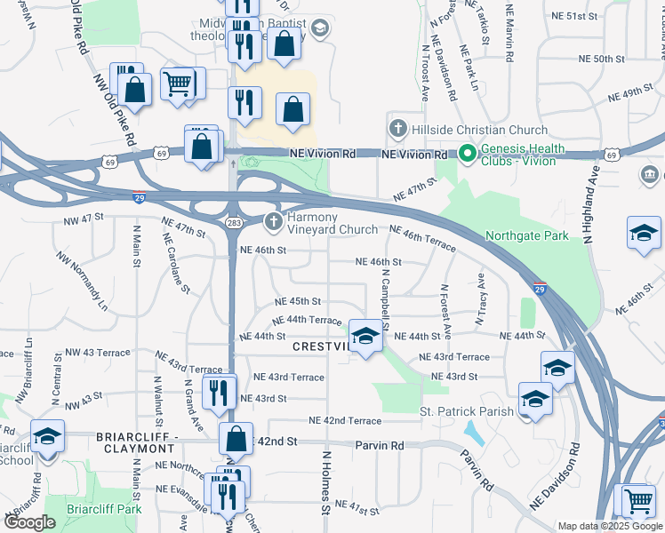 map of restaurants, bars, coffee shops, grocery stores, and more near 701 Northeast 46th Street in Kansas City