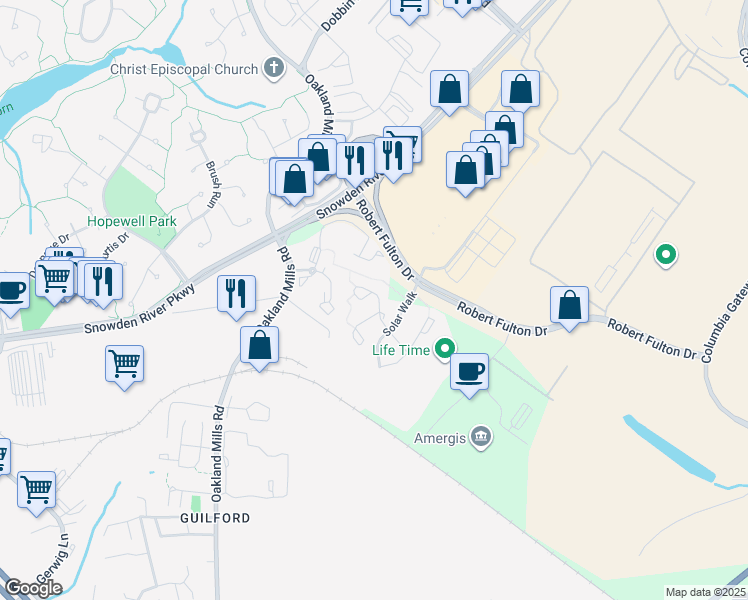 map of restaurants, bars, coffee shops, grocery stores, and more near 7119 Natures Road in Columbia
