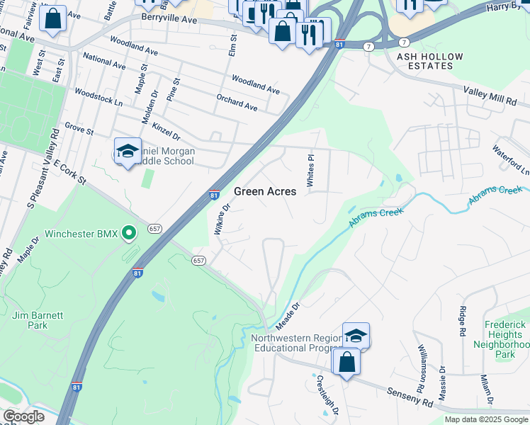 map of restaurants, bars, coffee shops, grocery stores, and more near 114 Wild Rose Circle in Winchester