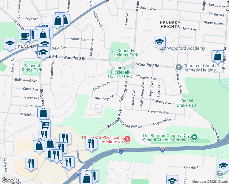 map of restaurants, bars, coffee shops, grocery stores, and more near 5819 Robison Road in Cincinnati